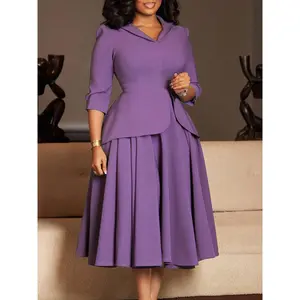 D3351 Plus Size Women's Purple Blazer Dress Peplum Waist Pleated Midi Formal Church Work Dress with Three Quarter Sleeves and Collar for Autumn Fashion Elegant Womenswear Overall Basic Style Solid, Chic, Workwear, Formal Wear