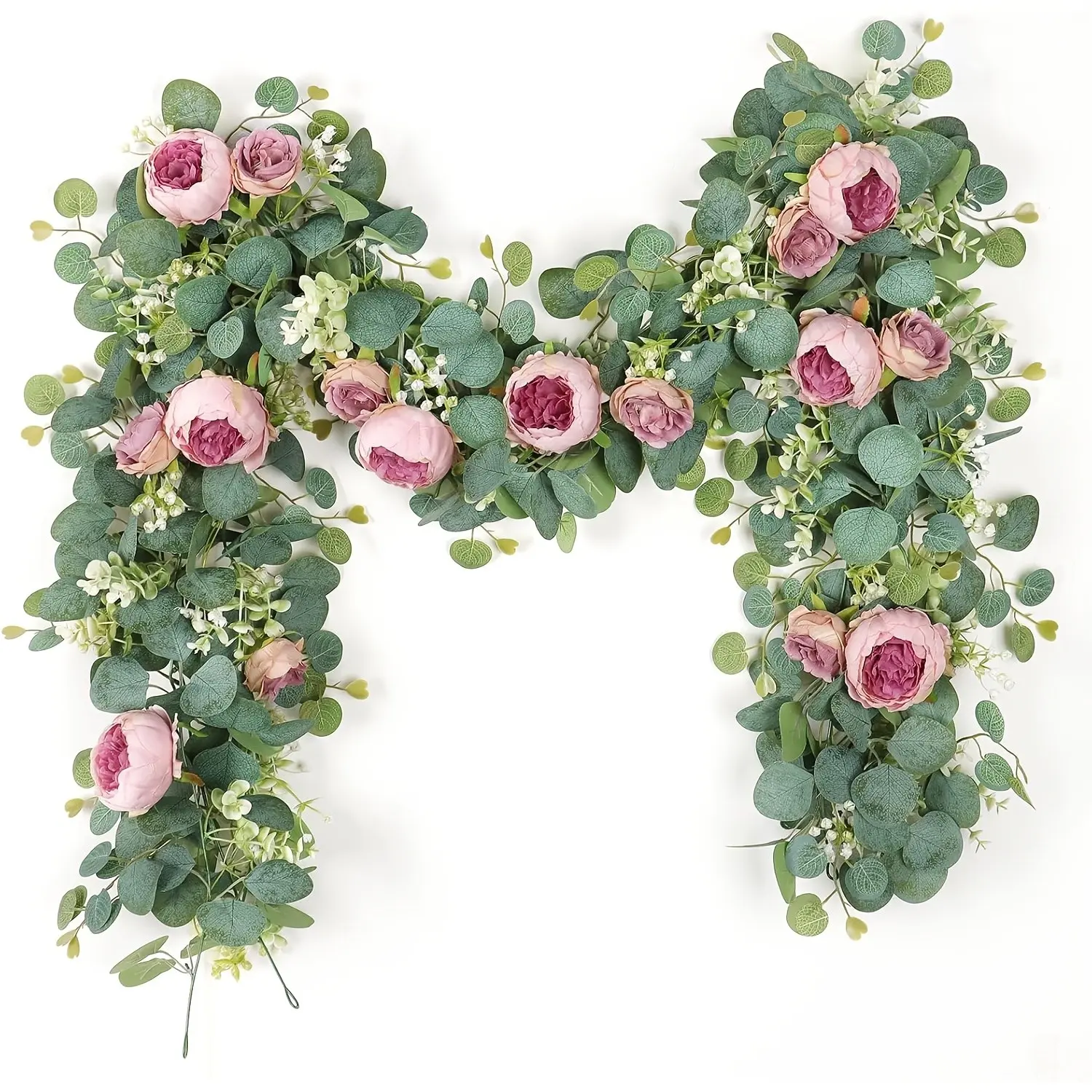 2pcs  Artificial Rose & Peony Garland with Green Foliage| Elegant Wedding Arch, Valentine'S Day, Party Decorations, Floral Hanging Decoration - Burgundy/Pink/White/Peach Floral Garland with Lush Eucalyptus Leaves - Durable Plastic Flowers for Indoor
