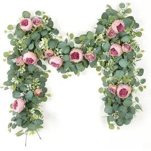 2pcs  Artificial Rose & Peony Garland with Green Foliage | Elegant Wedding Arch, Valentine'S Day, Party Decorations, Decorative Flower Ornaments - Burgundy/Pink/White/Peach Floral Garland with Lush Eucalyptus Leaves - Durable Plastic Flowers for Indoor