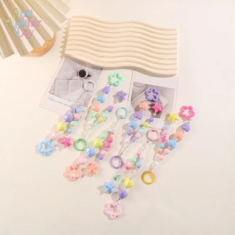 6-pcs Kawaii Macaron Color Beaded Phone Chain, Pastel Star & Heart Beaded Strap, Cute Y2K Style Phone Lanyard, Versatile Keychain & Bag Charm Accessory for Women & Teens