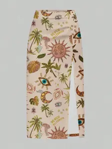 Women's High Split Slit Tropical Palm Tree Print Skirt Bottom, Slim-Fitting Vacation Beachwear, Folded Design, Perfect for Outdoor Wear