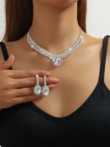 Elegant Rhinestone Water Drop Necklace Earrings Set, Bridal Wedding Jewelry, Sparkling Crystal Accessories, Perfect for Brides