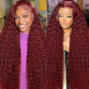 [30inch only $159.99]Hoyrhra 13x6 Deep Wave Lace Front Wig Human Hair Pre Plucked 99J Burgundy HD Lace Front Wigs Wine Red Colored Transparent Lace Front Wig Human Hair Pre Plucked With Baby Hair
