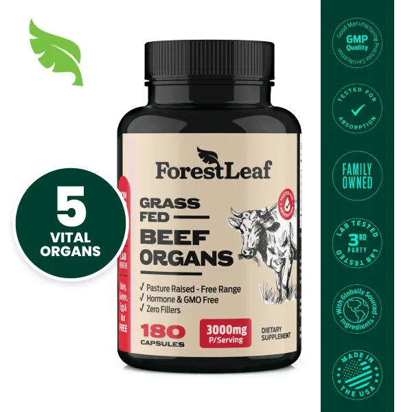 ForestLeaf Beef Organ Supplement - Grass Fed Pasture Raised - Total Body Wellness - Beef Liver, Heart, Kidney, Pancreas, Spleen - 3000mg-180 Capsules ForestLeaf Beef Organ Supplement - Grass Fed Pasture Raised - Total Body Wellness - Beef Liver, Heart, Kidney, Pancreas, Spleen - 3000mg-180 Capsules