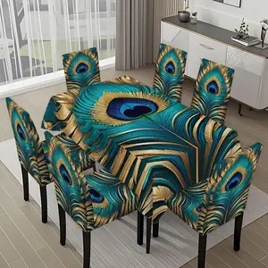 5/7-piece 2D Flat Printing Blue and Gold Peacock Feathers Printing Pattern Tablecloth and Dining Chair Slipcover Set, for dining table and chair decoration, perfect for home, holiday gatherings, restaurants, and parties.