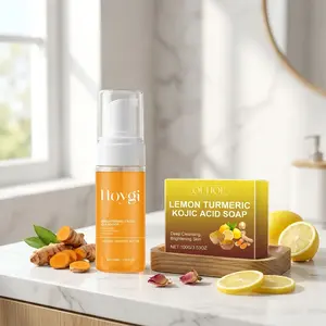 Turmeric & Kojic Acid Brightening Duo: Silicone Brush Foaming Cleanser (with Rose Water) + Lemon Bar Soap (with Shea Butter) Face & Body Set