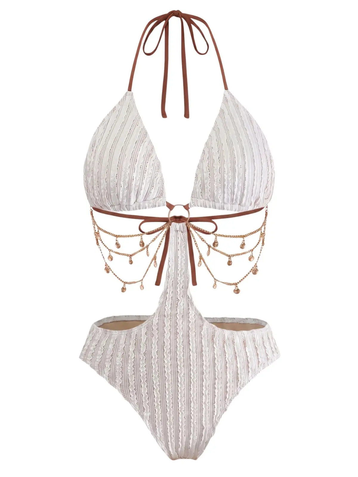 1930s Solid Metal Chain Cutout Swimsuit bikinissummer outfits beach essentials vacation outfits Fashion Beachwear Swimwear