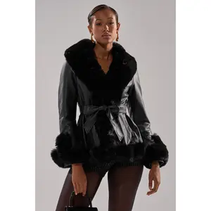 KENZY FUR TRIM PEPLUM MOTO IN BLACK
