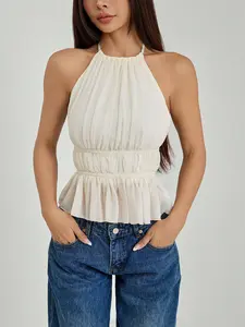 Women's Pleated Halter Neckline Waist-Tied Backless Tank Top