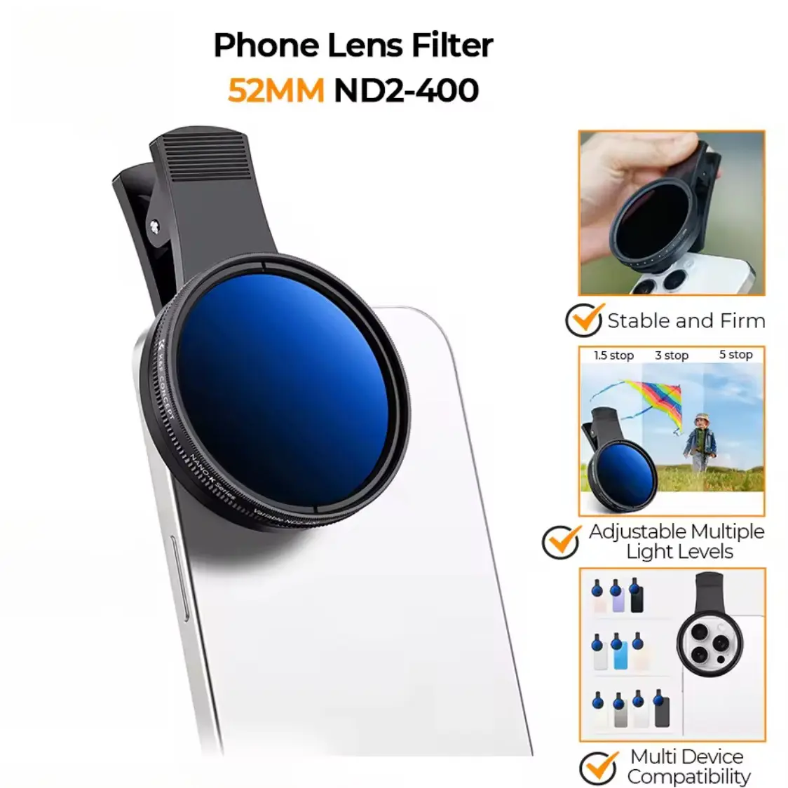52mm CPL Filter for Phone Lens, Clip-on Polarizer Filter, Phone Camera Lens for Most Smartphones, Clip-on Design CPL Filter for Cellphone