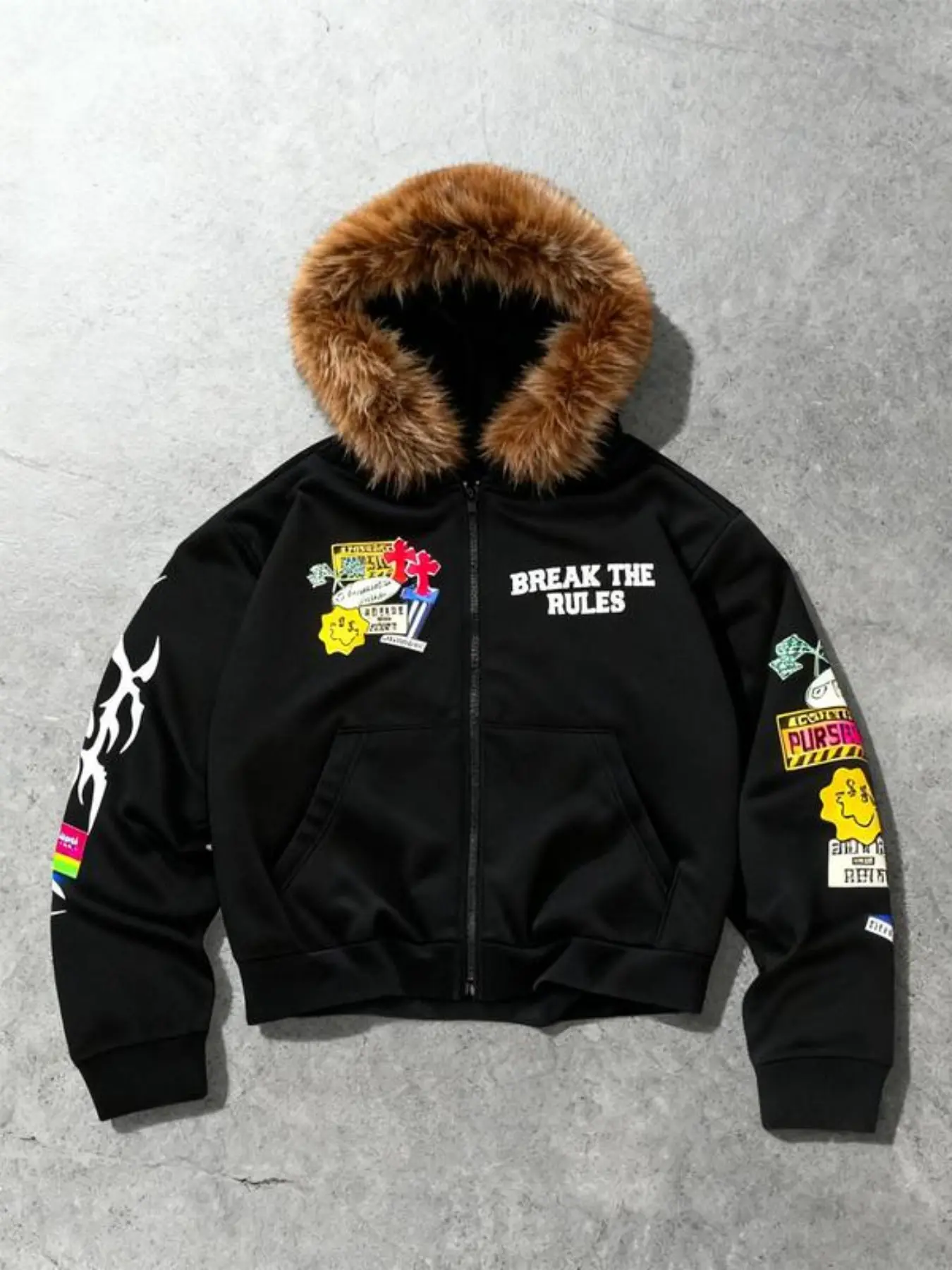 Men's Racing Style Cropped Hoodie Jacket with Luxury Faux Fur Trim - Heavyweight Black Streetwear Parka featuring Multi-Color Graphic Patches - Edgy Urban Winter Outfits