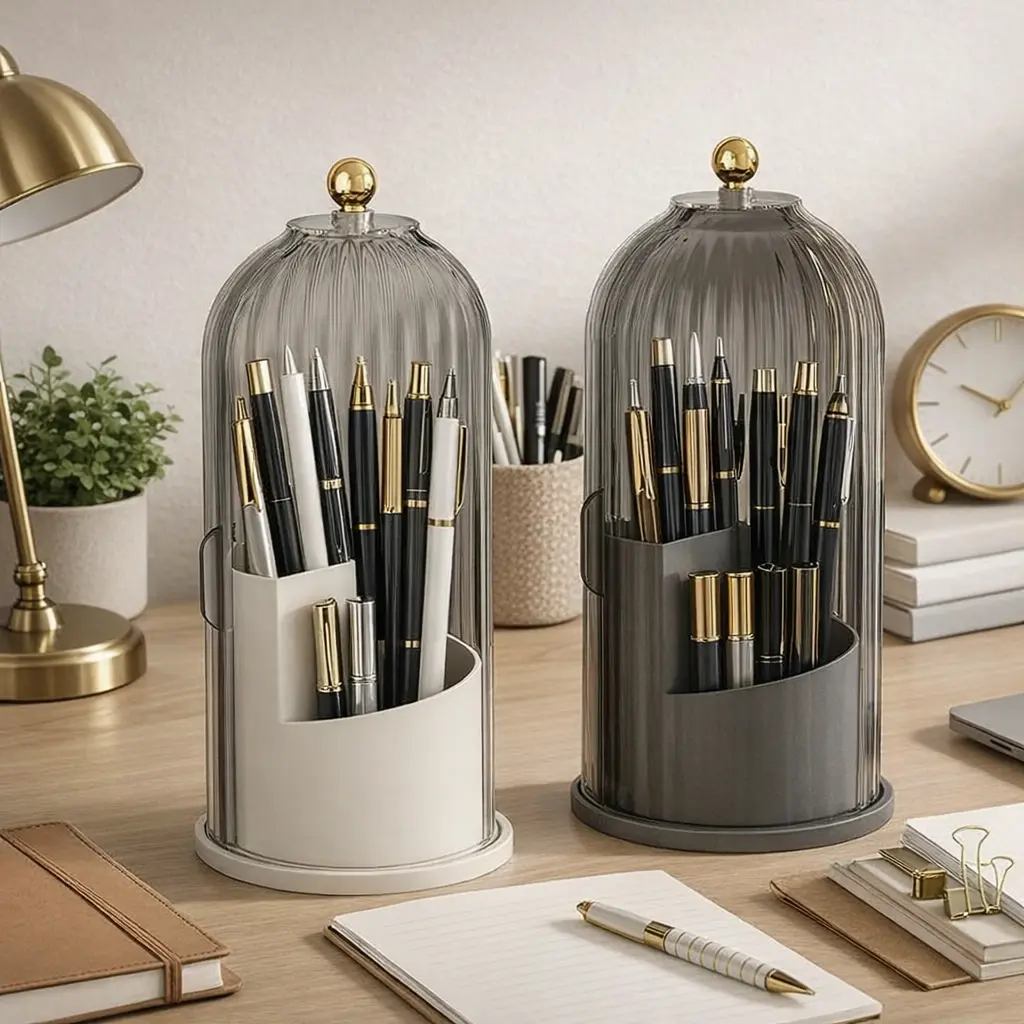 Pen Holder Organizer with Lid,360 Rotating Clear Dustproof Desk Organizer for Pens, Pencils & Office Supplies