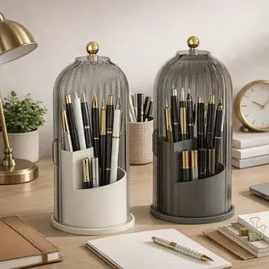 Pen Holder Organizer with Lid,360 Rotating Clear Dustproof Desk Organizer for Pens, Pencils & Office Supplies