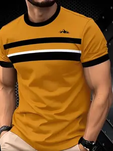 Men's Summer Casual 3D Striped T-Shirt, Lightweight Polyester, Round Neck, Short Sleeve, Dynamic Color Design