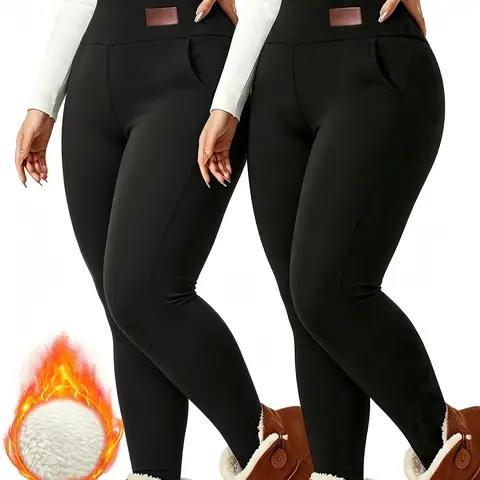 Black 2pcs - Women's Winter Plus Size -Lined Leggings with Pockets, 400g Faux, Thickened Warm Thermal Underwear, Pants, Lounge Pants High Waist Sports Leggings design