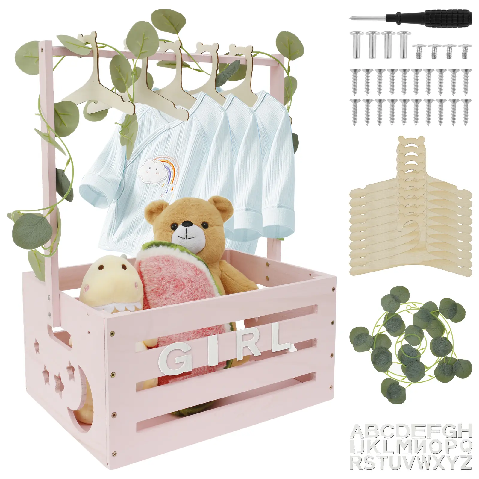 Wood Baby Shower Crate Closet with Handle Large Capacity Baby Shower Basket Portable Newborn Baby Basket Decorative Baby Storage Crate Decoration Leaf