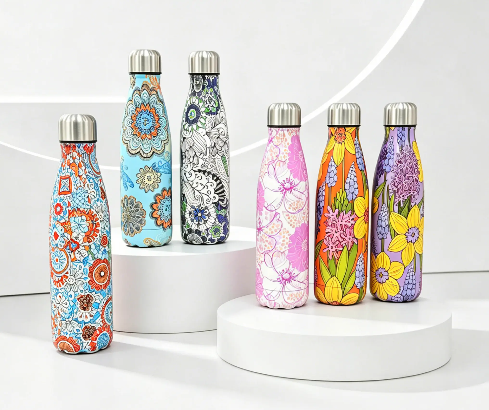 500ml 304 Stainless Steel Insulated Tumbler - Narrow-Mouth Cola Bottle Style, New 5D Printed Ethnic Floral Series Water Bottle, Kitchenware Drinkware Vacuum Flask, Water Bottles