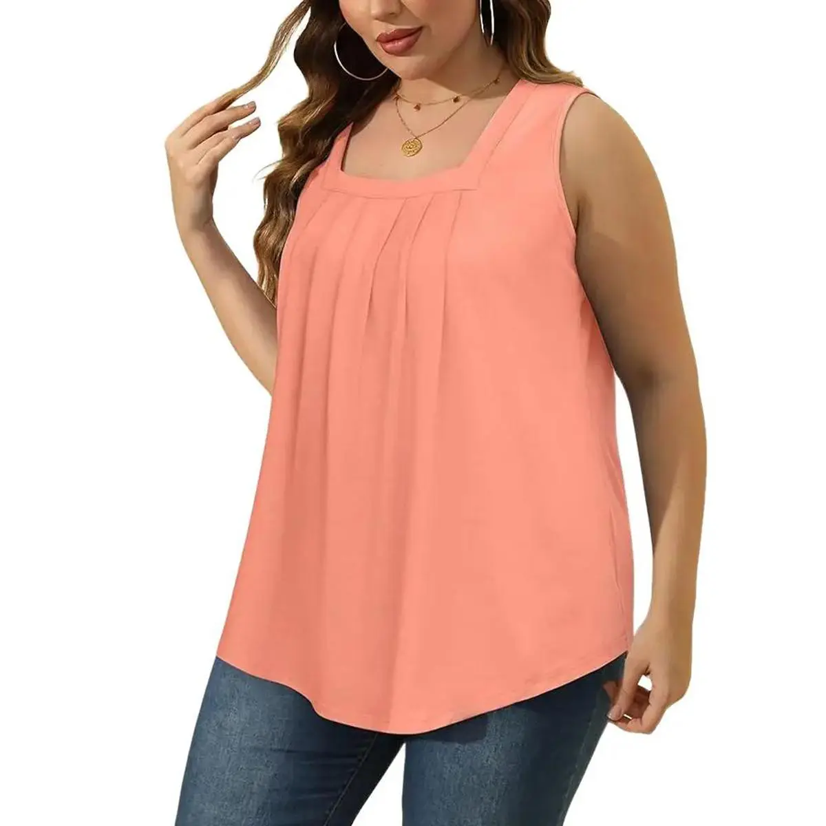 s-3xl Summer Tank Tops for Women Loose Fit Pleated Square Neck Sleeveless Tops