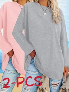 Women's Long Sleeve Round Neck Solid Color Basic Casual Tops, Spring & Fall Fashion, Loose Fit Comfortable Wear, Daily Use Essentials, Knit Fabric Clothes