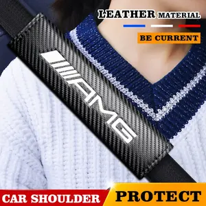 Mercedes Amg Car Seat Belt Shoulder Pads, Thick Soft Padding Anti-Chafe Anti-Marking, Carbon Fiber Velcro Detachable, Universal Fit, Set of 2