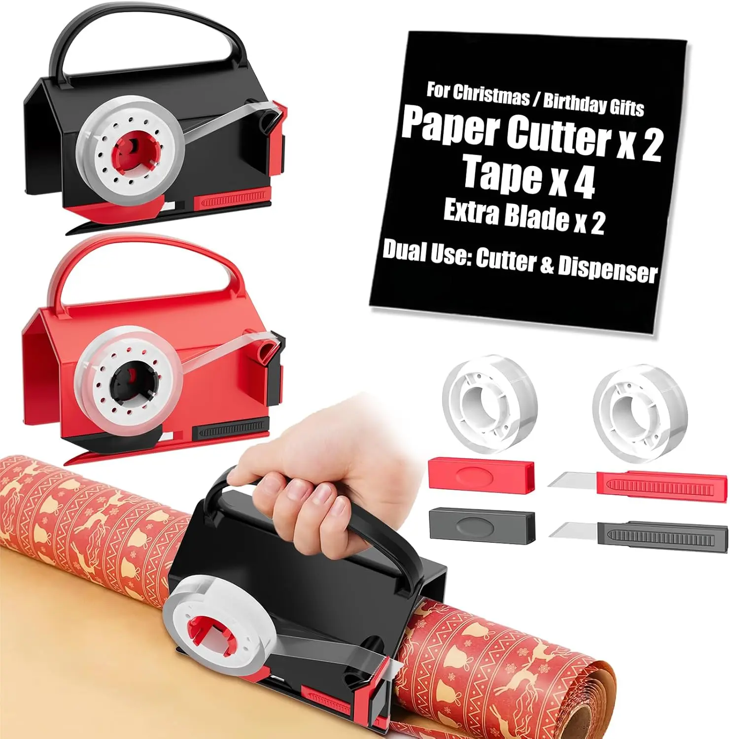 Sugoiti 2-Pack Office Wrapping Paper Cutter & Tape Dispenser for Christmas, Birthday, Thanksgiving, Fits A4 Paper, Boosts Packaging Efficiency, Ensures Straight Cuts, Includes 4 Tapes, 2 Replace Blades Kit, Red & Black