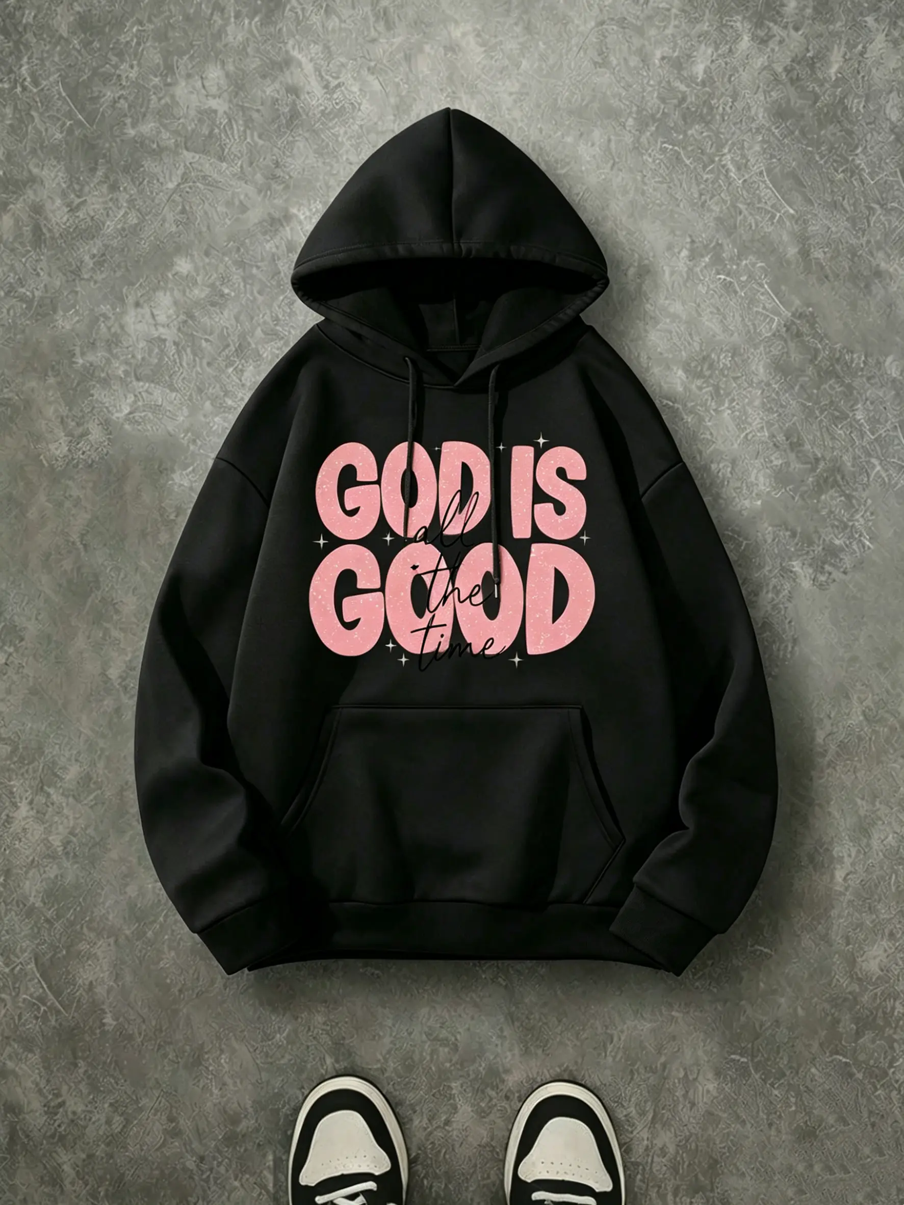 God Is Good All The Time Glitter Bubble Letter Hoodie, 270G Brushed Fleece Soft Pink Sparkly Scripture Front Print Black Hooded Sweatshirt, Feminine Christian Casual Streetwear Pullover For Women & Teen Girls