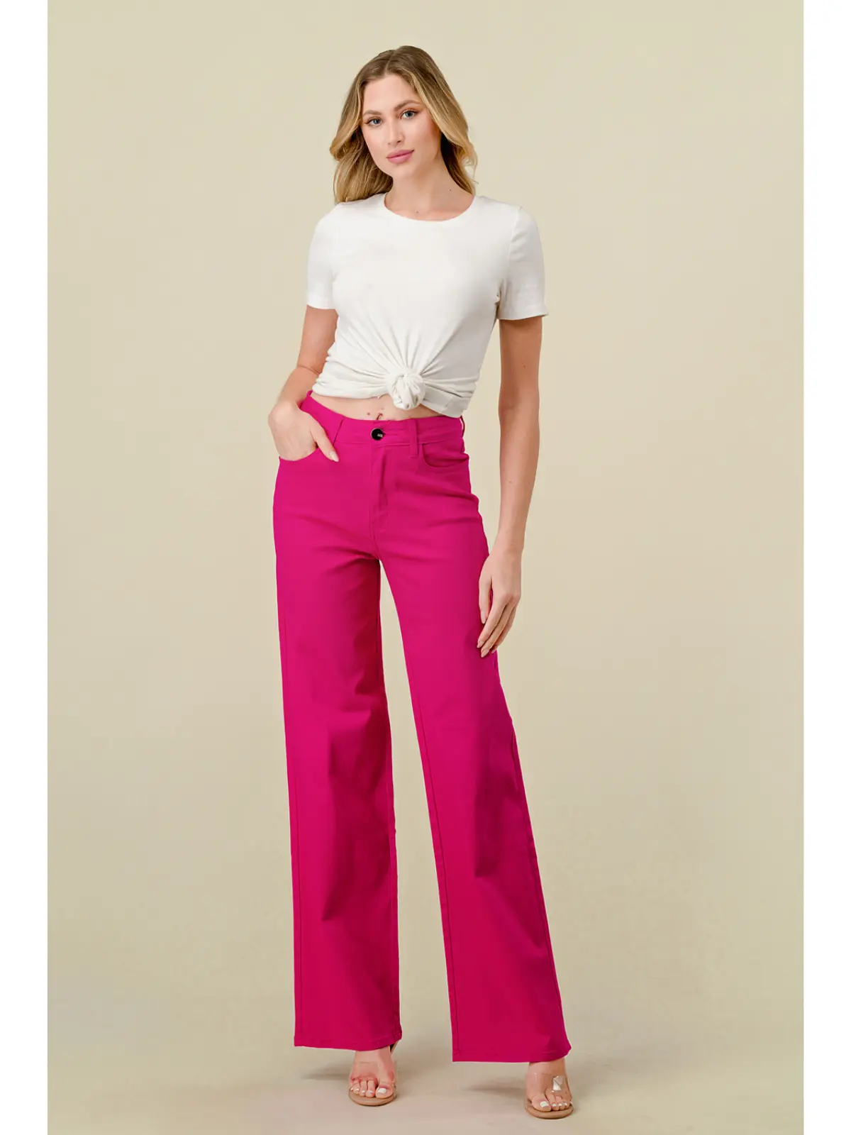 Isabel - Hight Waisted Stretchy Colored Wide Leg Denim Twill - Lover Brand Fashion Fabric Jean Fit Womenswear Bottom Button Casual Fitted Pants