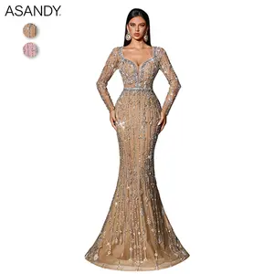 ASANDY Women's Sequin Mermaid Dress Long Sleeve Beaded Deep V Formal Evening Gown for Prom Party Wedding Guests Elegant and Versatile