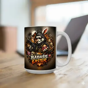 Badass Easter Bunny Ceramic Coffee Mug - Funny Gritty Rabbit Graphic Tea Cup - White Ceramic Mug, Gift for Coffee Lovers