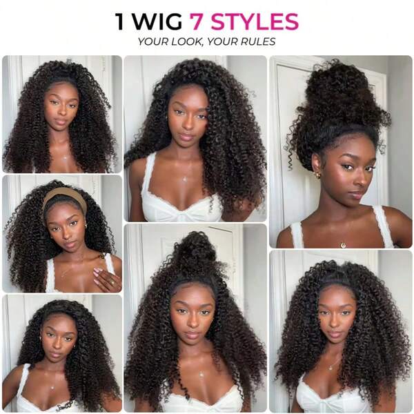 Kinky Curly Half Wig Human Hair 20 Inch 180% Density Invisible Hairline 3 In 1 Drawstring Seamless Flip Over Glueless Wigs Curly Half Wigs For Women