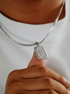 Silver Color Square Initial Letter Necklace, Punk Hip-Hop Style, Stainless Steel Cuban Chain, Unisex Gift Idea, 26 English Letters, Alphabet Necklace