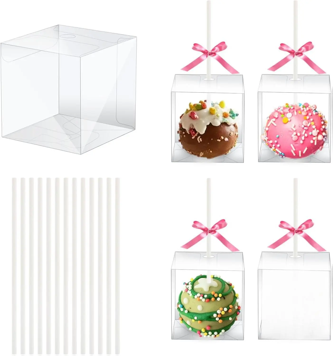50 Set Cake Pop Boxes with Paper Sticks Kit: Clear Gift Container with Holes for Candy, Macaron, Lollipop Packaging, Mini Plastic Cakepop Wrapping for Wedding Party Birthday Christmas