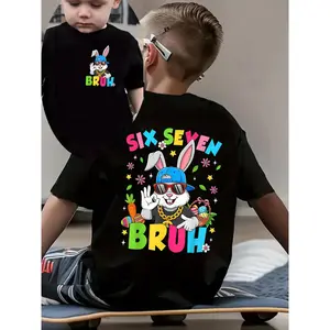 Boys' Cotton Slight Stretch Easter Short-Sleeve T-Shirt, Double-Sided Design with 6 7 Bruh Hand Gesture & Easter Bunny Cartoon Print, Outdoor Casual Kids' Fashion Top NY-DX8782