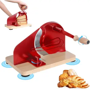 Manual Bread Slicer with Hand Crank, Homemade Sourdough Bread, Home Slicer with Line and Fence, Blade, Width Wine Red