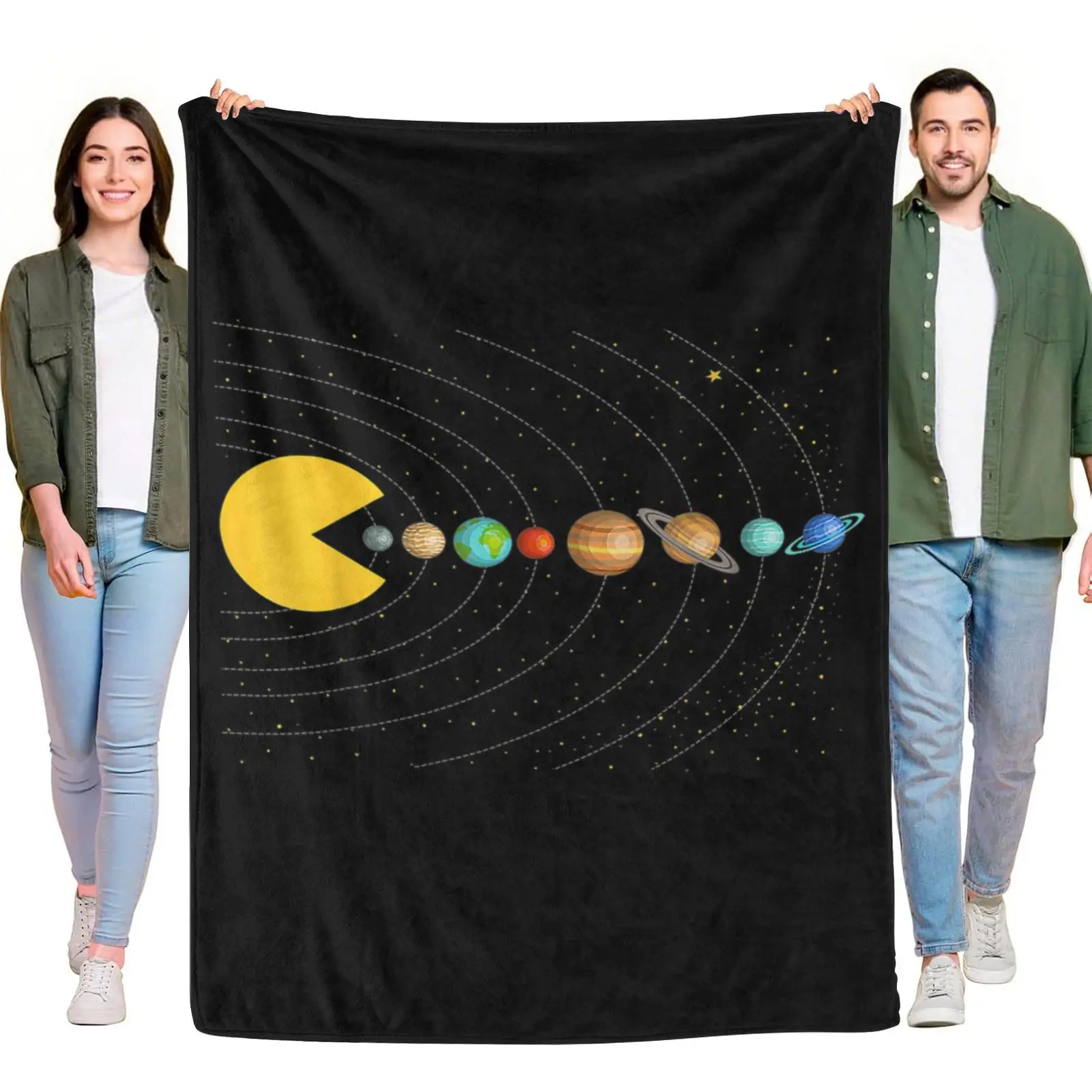 Retro Arcade Game Character Eating Planets Solar System Space Galaxy Fleece Throw Blanket, Vintage Video Game Cosmic Themed Lightweight Blanket