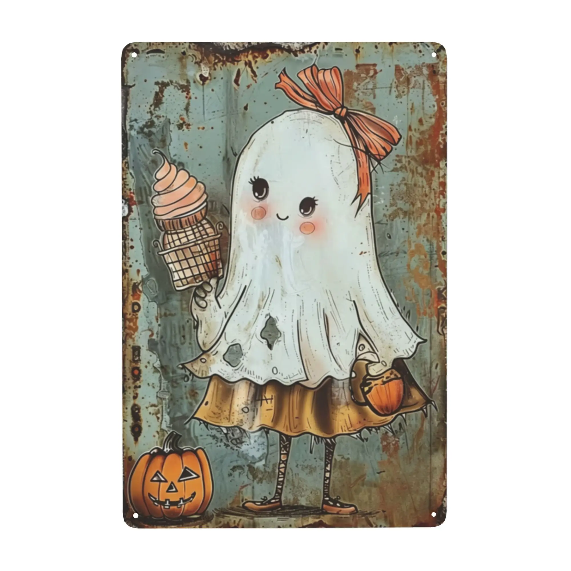 Vintage Retro Soft Grunge Artistic Wall Sign - Kawaii Girly Ghost With Ribbon Bow Holding Waffle Ice Cream, Acorn, Jack-O-Lantern Pumpkin, Weathered Rust-Teal Background, Aged Rust Iron Halloween Tin Plaque, Cozy Kid-Friendly Decoration, Wall Hang