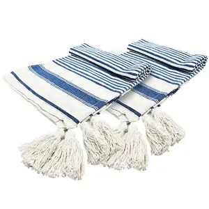 50"x60" Blue White Striped Tassel Throw Blanket | Boho Farmhouse Decor Soft Recycled Cotton Blanket for Sofa Bed duvet dreamy utopia cover book shelf plush warm napping throw blanket luxurious quilt sure gentle party comforter
