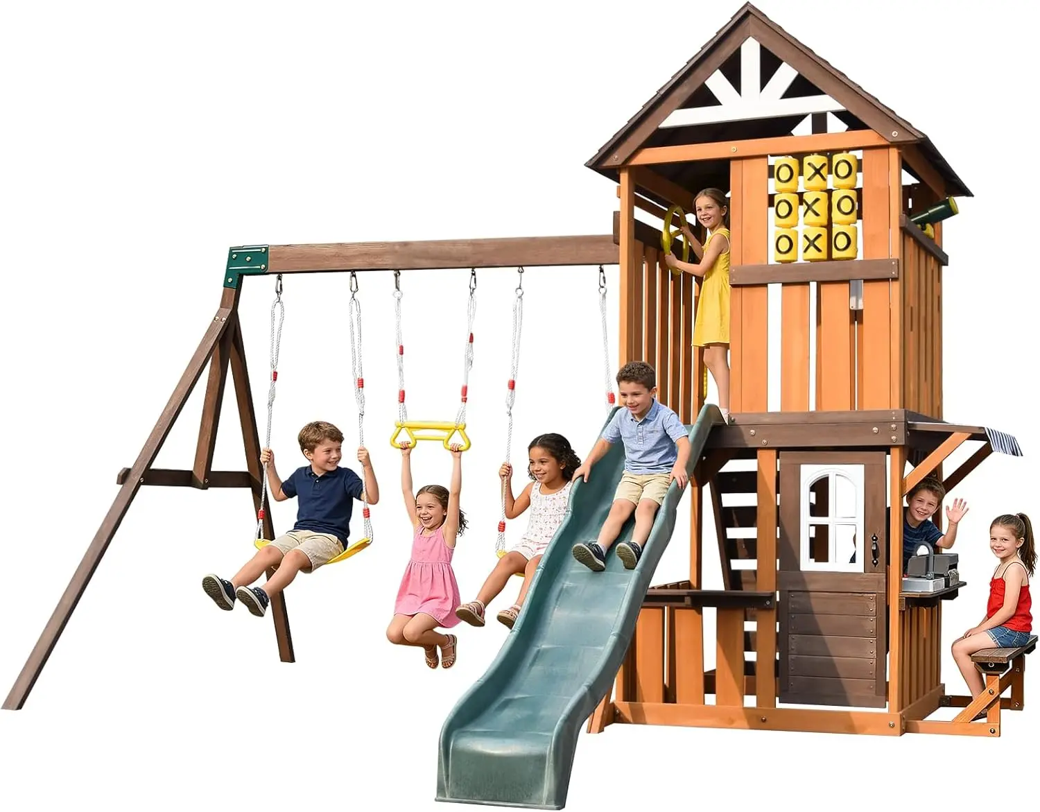 URGEWCedar Wood Swing Set with Wave Slide, Play Kitchen, Rock Wall Ladder, Belt Swings, Toy Telescope, Steering Wheel, Tic-Tac-Toe, Balconies, Outdoor Playhouse Playground Set for Backyard Garden