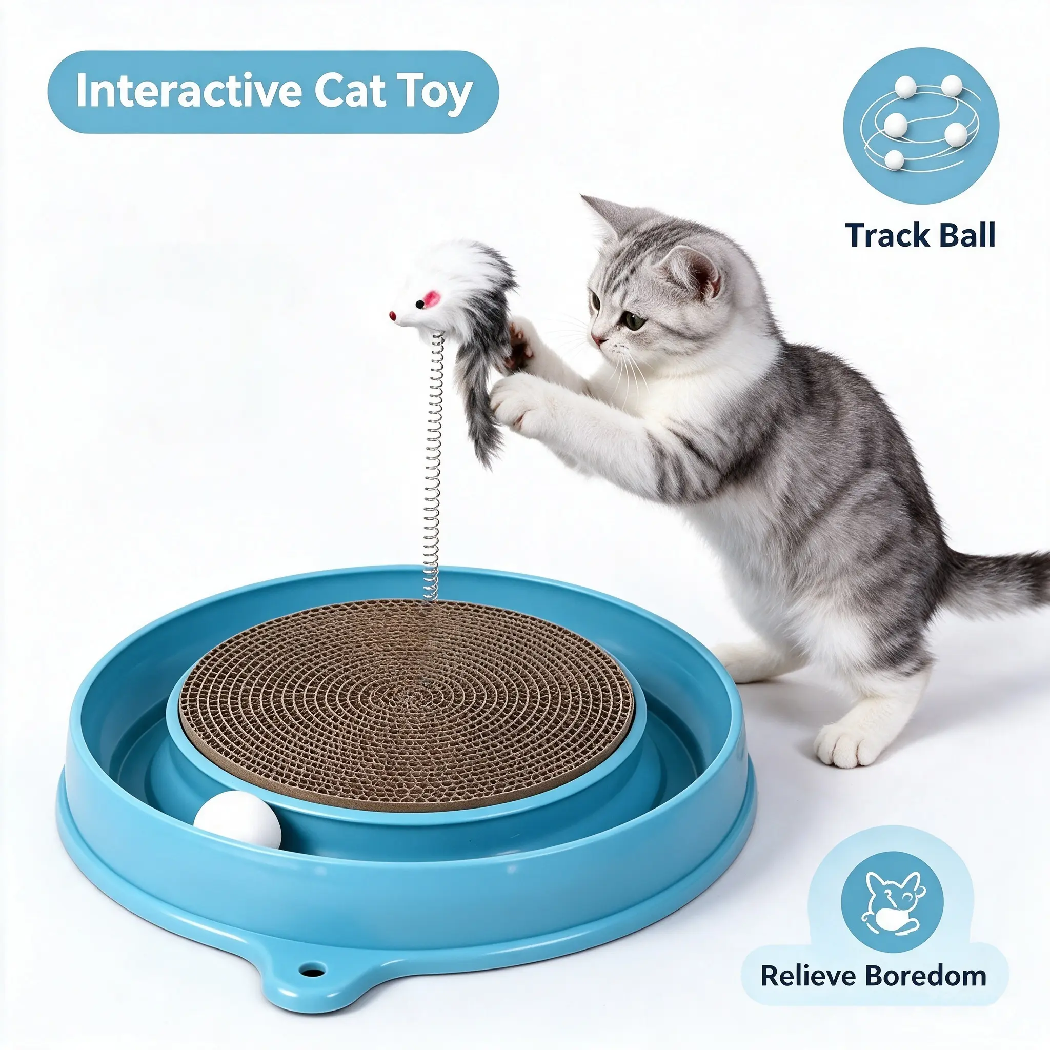 Cat Scratcher Interactive Toy with Track Ball & Plush Mouse, Mental Stimulation Boredom Relief for Indoor Cats & Kittens