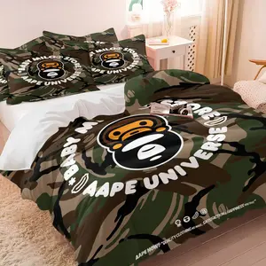 BAPE Baby Milo Camouflage Duvet Cover Set, 1 Duvet Cover and 1-2 Pillowcases, Classic Green Camo, Iconic Cartoon Monkey & Fashion Brand Logo, Comfortable Trendy Military Camo Style Bedroom Decor for Fans