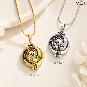 Elegant Round Locket Pendant Necklace for Women, Artistic Swirl Design with Red Gemstone, Lightweight Gold or Silver Tone Statement Jewelry, Elegant Jewelry