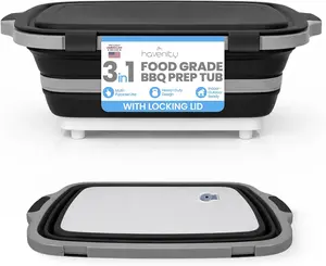 BBQ Prep Tub 8L - Multifunctional Collapsible Camping Cutting Board with Upgraded Locking lid, Meat Storage Container for Meal Prep, Dish Basin Bowl Perfect for Grilling Outdoor Cooking Large