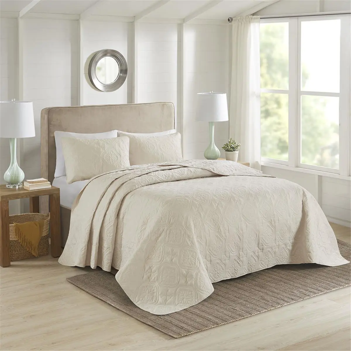 212 MAIN 5DS13-0166 Solid Cream Microfiber Bedding Set - 3-Piece 100% Polyester Reversible Quilted Bedspread, Transitional Look, Machine Washable, for Full&Queen Sizes