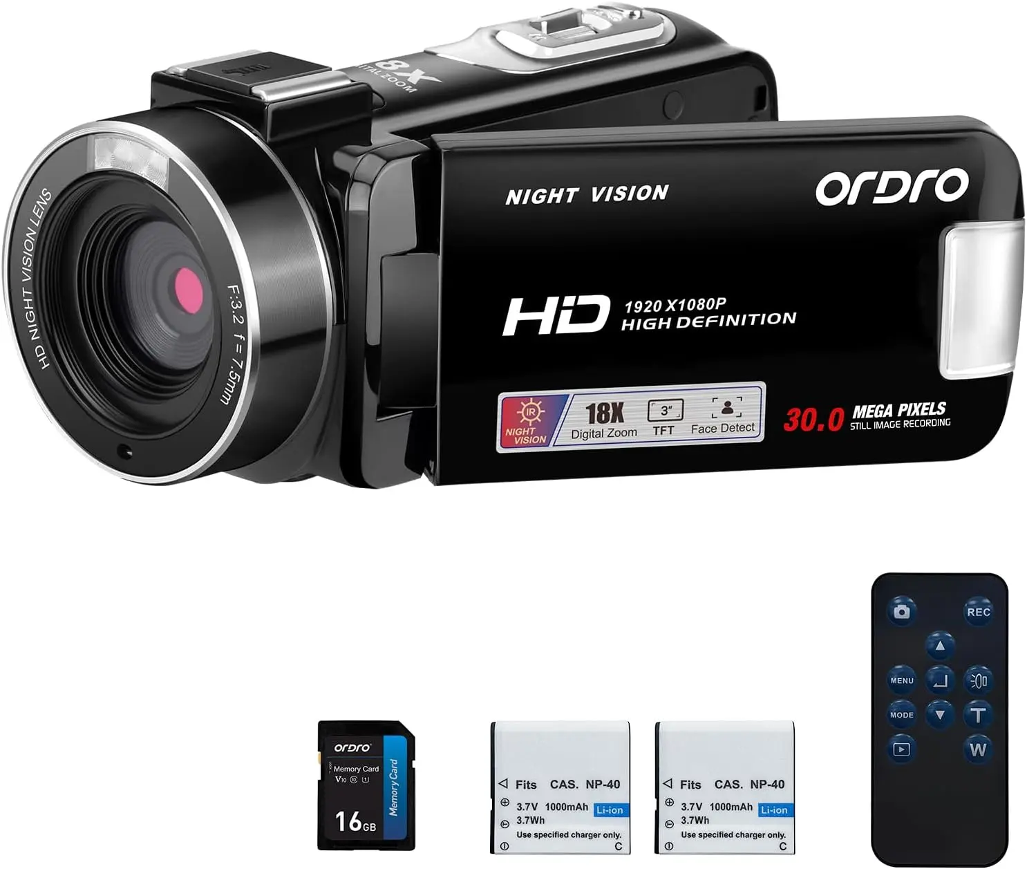 ORDRO B320 Full HD Video Camcorder - 1080P 30FPS Recording, 30MP Picture, 18X Digital Zoom Lens, Infrared Night Vision, 3.0-Inch Flip Screen, 2 Batteries, Remote Control, Audio Cable (Black), Charging, Avi
