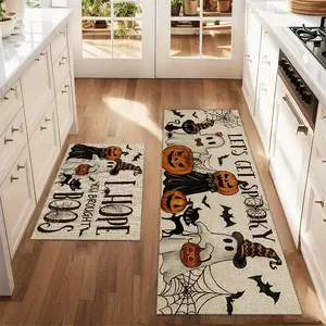 2Pcs Night Ghost Pumpkin Lantern Black Cat Wizard Hat Floor Mat Set Farmhouse Kitchen Rug Dining Room Flooring Laundry Room Decor Carpet Mat, Home Decor Mat, Home Decoration Mat, Household Decorative Rug