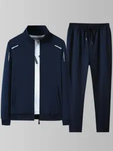 2 Counts Men's Letter Graphic Zip Up Jacket & Drawstring Waist Pants Set, Regular Fit Long Sleeve Mock Neck Zip Front Outerwear & Elastic Waist Pants, Men's Two-Piece Set