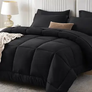 Queen Comforter Set, Black 7 Pieces Bed in a Bag Queen, Complete Bedding Set Includes Comforter, Flat Sheet, Fitted Sheet, Pillowcases and Pillow Shams, Black