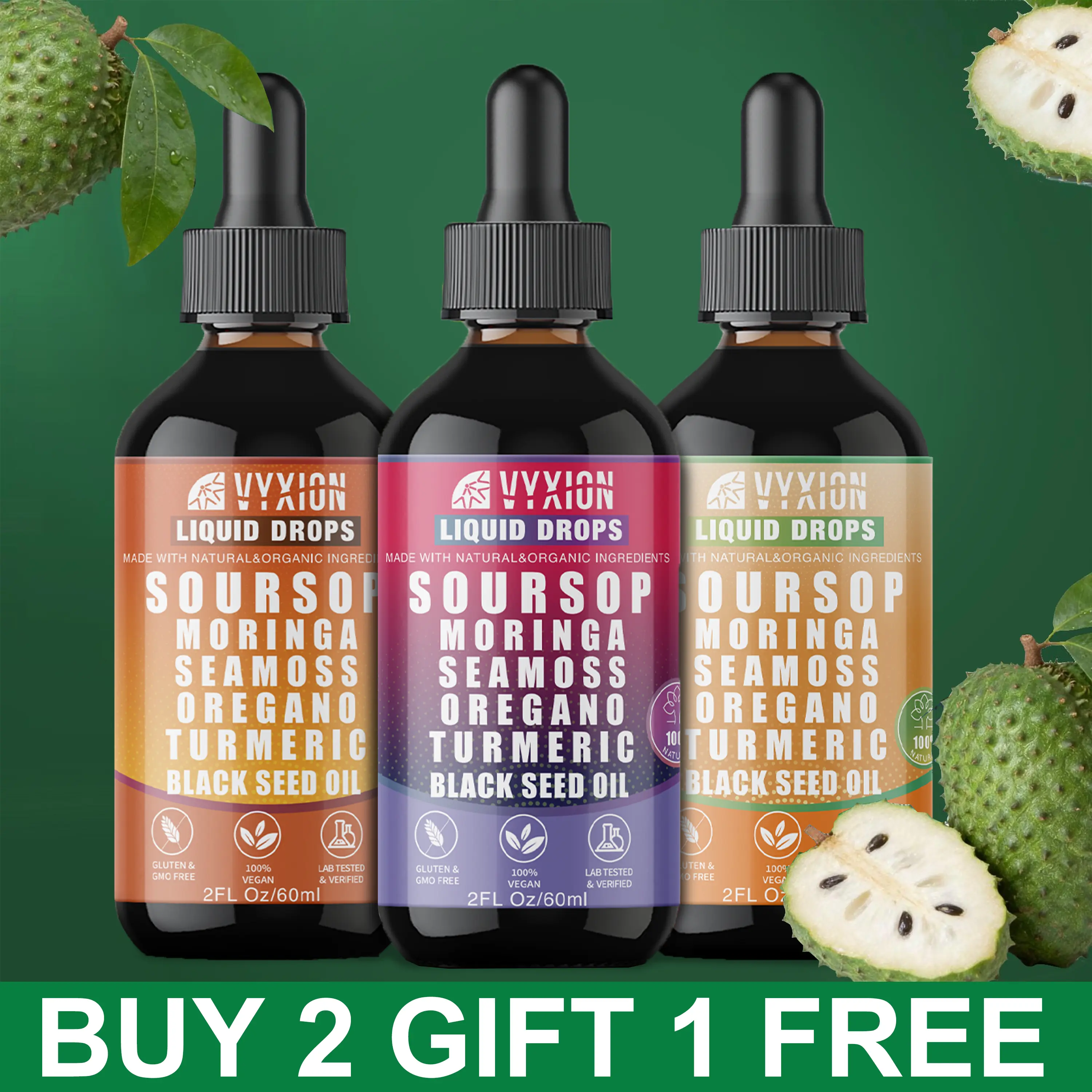 VYXION 10 In 1 3-Flavor Set Soursop Liquid Drops, ALL-IN-ONE Extract - Seamoss,Moringa,Black Seed Oil,Turmeric,Oregano Liquid,Multi-Vitamin Drops for Immune System and Gut Health Support(BUY 2 GIFT 1  FREE)