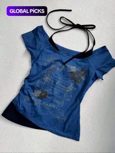 Women's 2 in 1 Floral & Letter Print  Halter Tee, Y2k Slim Casual Top for Summer, Ladies Clothes for Daily Wear