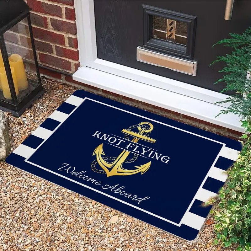 Customised Blue Chinoiserie Doormat with Family Name - Personalized Hydrangea Gingham Tech Fabric Rug, Wedding Gift, Entryway Decor, Easy-Clean for Porches, Smooth Print